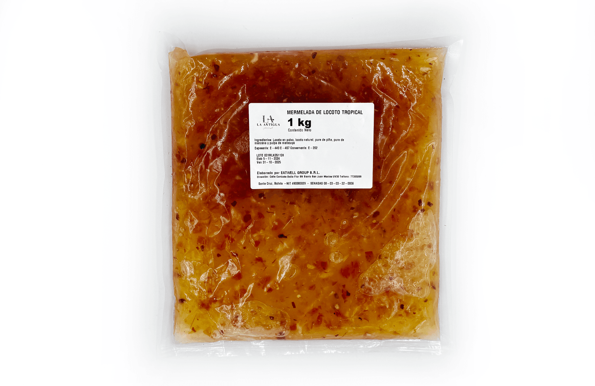 Packaged tropical locoto jam with a white label, 1 kg weight.