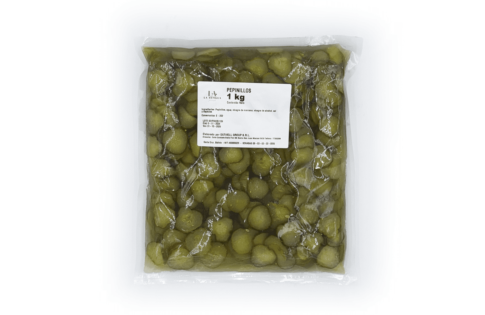 Plastic bag containing 1 kg of pickles with a white product label on the front.